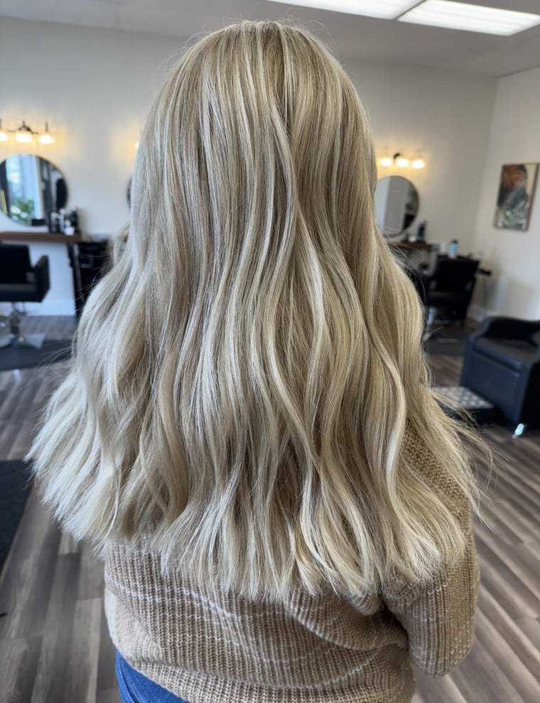 Bright beige blonde with soft waves, colored by Lauren